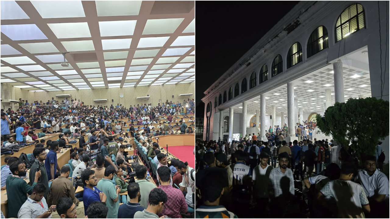 <h5>ডাকসু নির্বাচন</h5> <h3>ডাকসু নির্বাচনের ফল ঘোষণার অপেক্ষা : সিনেট হলে উপচেপড়া ভিড়, স্লোগান</h3>