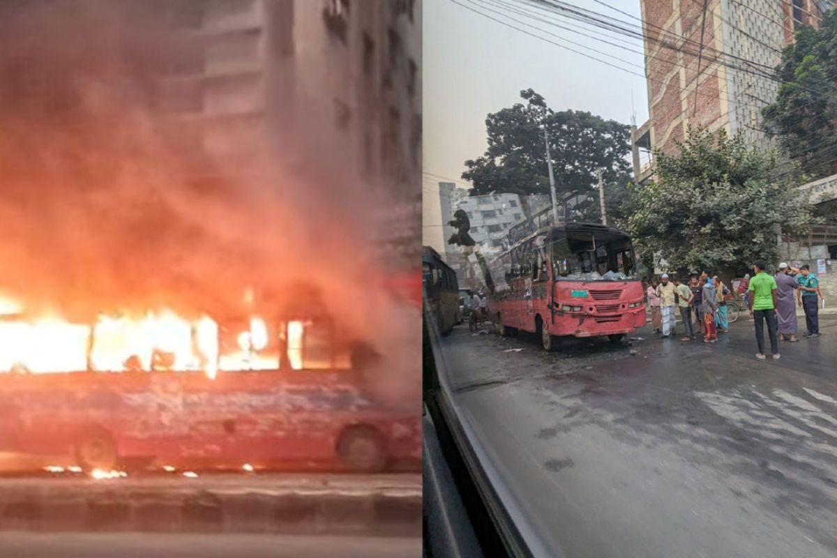 রাজধানীতে মেরুল বাড্ডা ও শাহজাদপুরে দুই বাসে আগুন